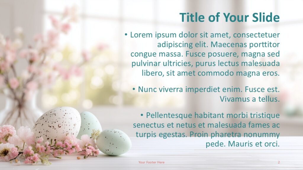 Pastel Eggs Content Layout PowerPoint Google Slides Pastel Eggs Blossoms title and content slide for PowerPoint and Google Slides with right text layout and soft floral decorative elements.