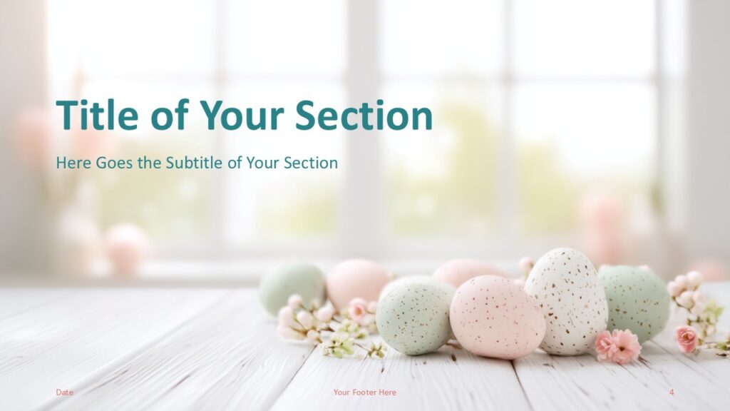 Pastel Eggs Section Divider PowerPoint Google Slides Pastel Eggs Blossoms section divider for PowerPoint and Google Slides with elegant typography and soft spring themed background visuals.