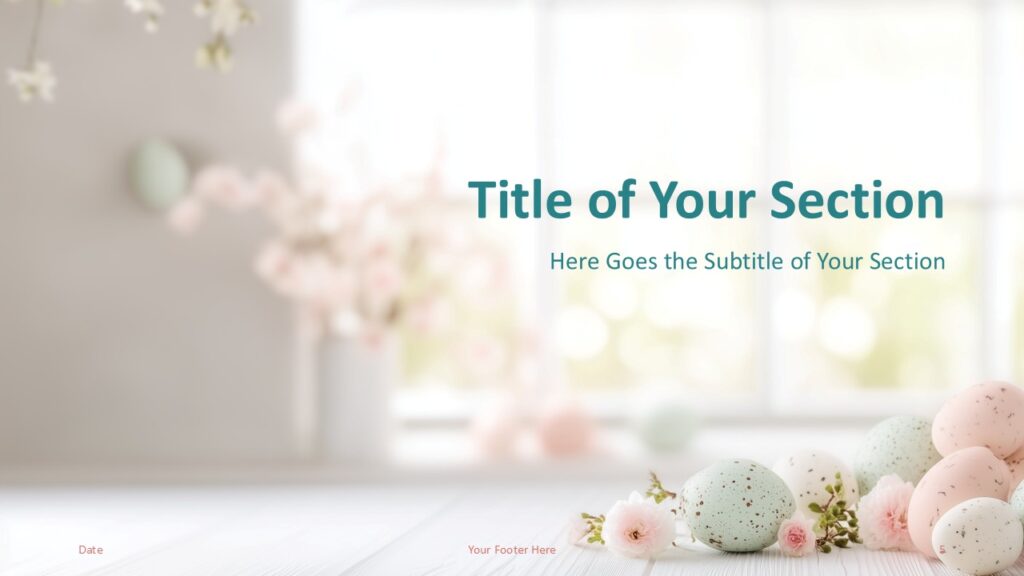 Pastel Eggs Divider Slide PowerPoint Google Slides Pastel Eggs Blossoms divider slide for PowerPoint and Google Slides with right aligned title and soft pastel floral decorative background.