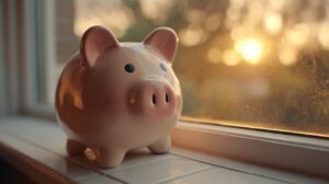 Pink piggy bank on a windowsill in warm sunset light, symbolizing saving money and personal finance.