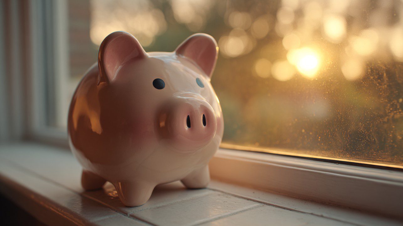 Pink piggy bank on a windowsill in warm sunset light, symbolizing saving money and personal finance.