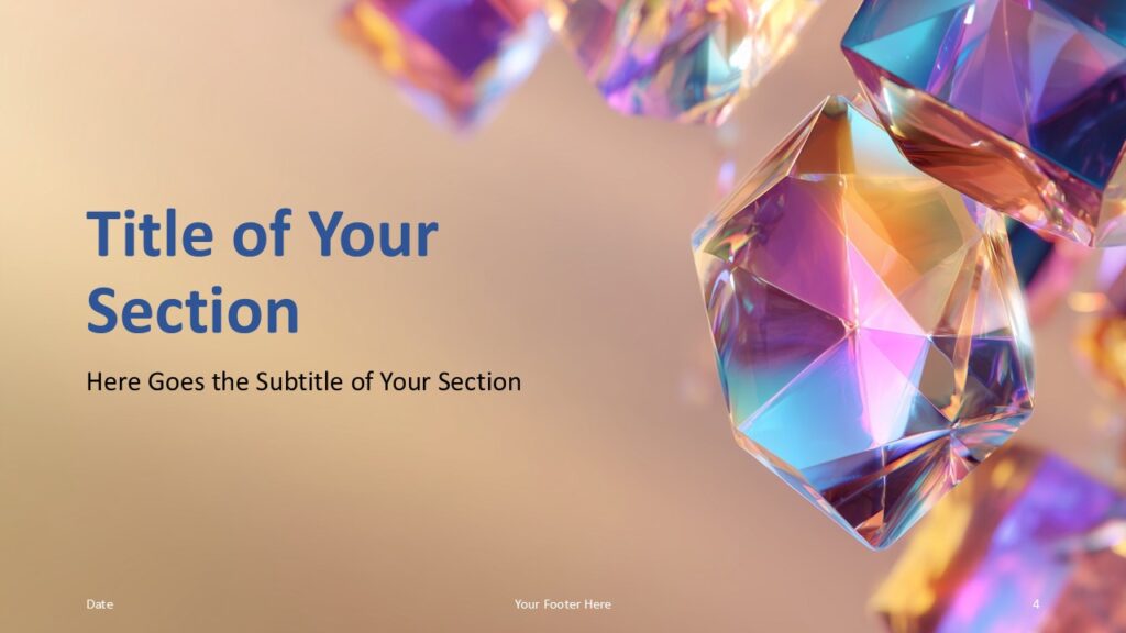 Prism Glow PowerPoint Google Slides Section Divider 1 Prism Glow section divider for PowerPoint and Google Slides with blue title and large crystal on beige background.