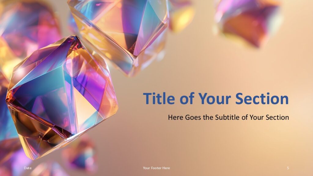 Prism Glow PowerPoint Google Slides Section Divider 2 Prism Glow section divider for PowerPoint and Google Slides with centered title and iridescent crystal elements.