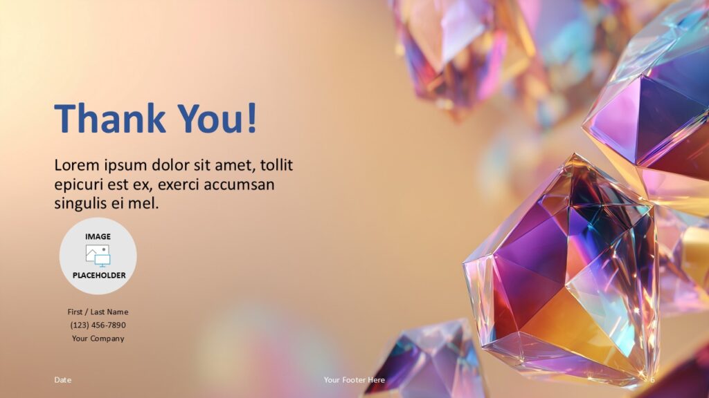 Prism Glow Thank You for PowerPoint Google Slides Prism Glow thank you slide for PowerPoint and Google Slides with contact details and crystal illustration.