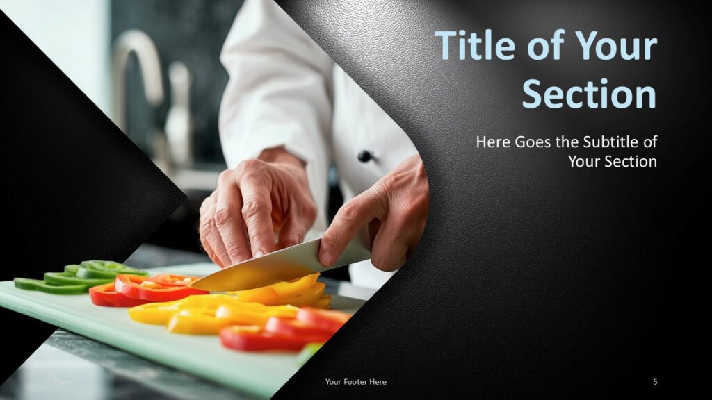 Professional Chef PowerPoint Google Slides Section Professional Chef section slide for PowerPoint and Google Slides with bold title area, chef image, and elegant culinary template.