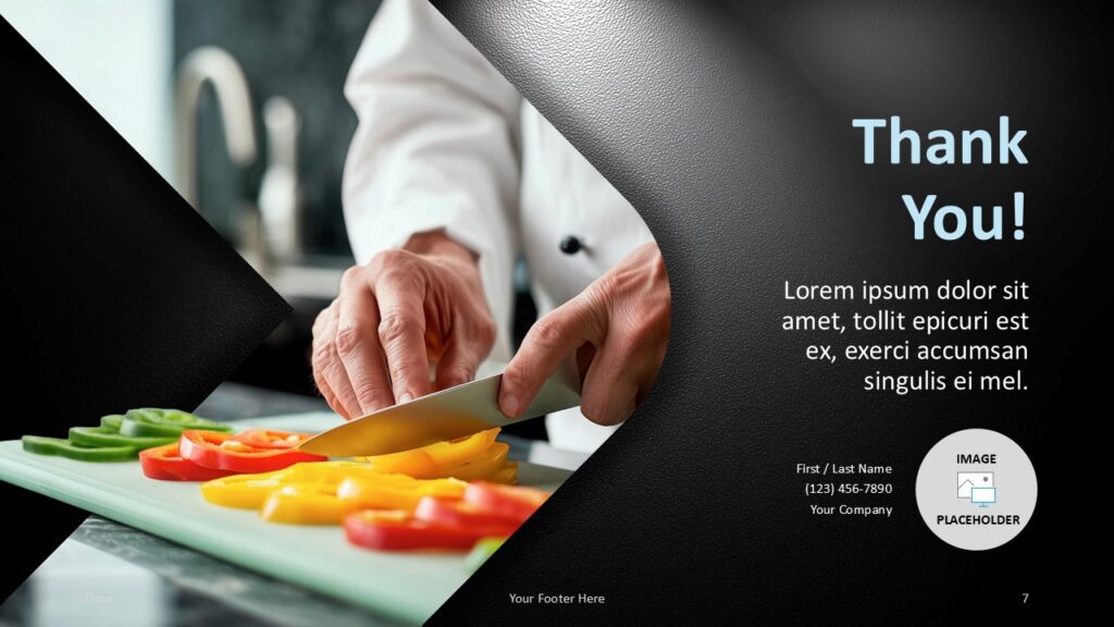 Professional Chef PowerPoint Google Slides Closing Professional Chef closing slide for PowerPoint and Google Slides with contact details, chef photo, and polished template design.