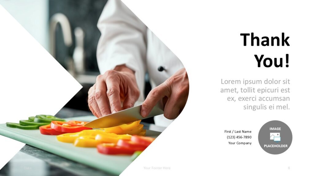 Professional Chef PowerPoint Google Slides Closing Professional Chef closing slide for PowerPoint and Google Slides with contact section, chef image, and editable template layout.