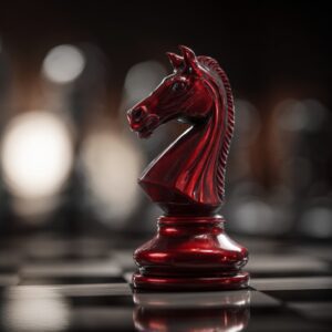 Close-up of a red chess knight on a chessboard, symbolizing strategy, leadership, and tactical decision-making.
