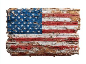 Distressed American flag painted on weathered wooden boards with a rustic vintage texture on a light background.