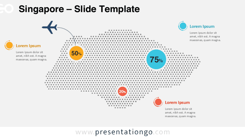 Singapore dotted map infographic for PowerPoint and Google Slides with percentage callouts and editable location notes.