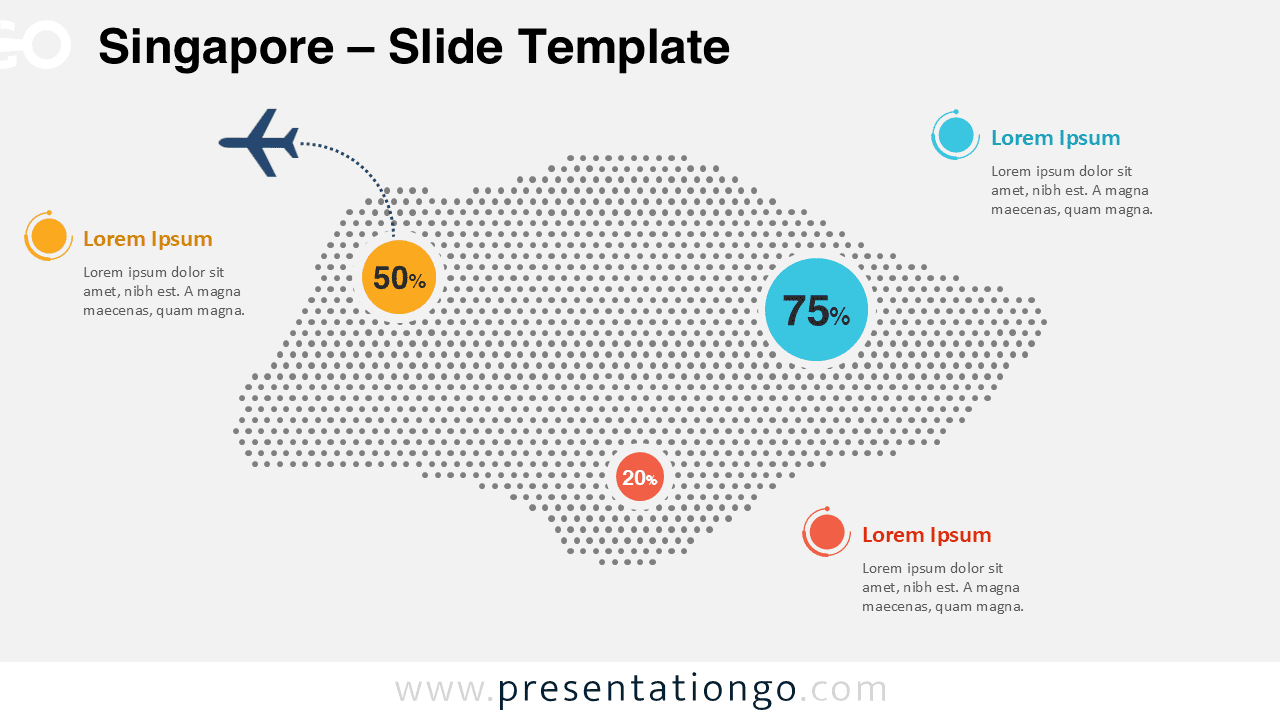 Singapore dotted map infographic for PowerPoint and Google Slides with percentage callouts and editable location notes.