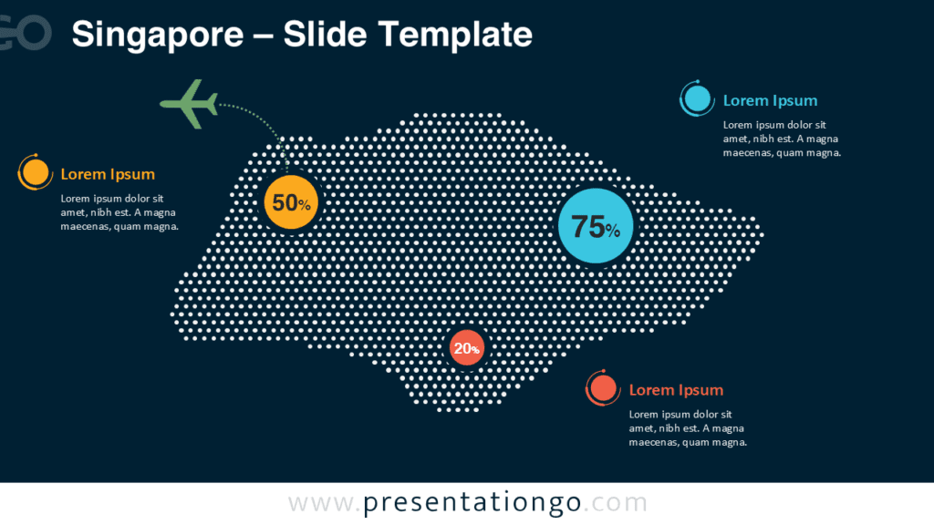 Singapore dotted map for PowerPoint and Google Slides showing callout circles, data labels, and editable text areas.
