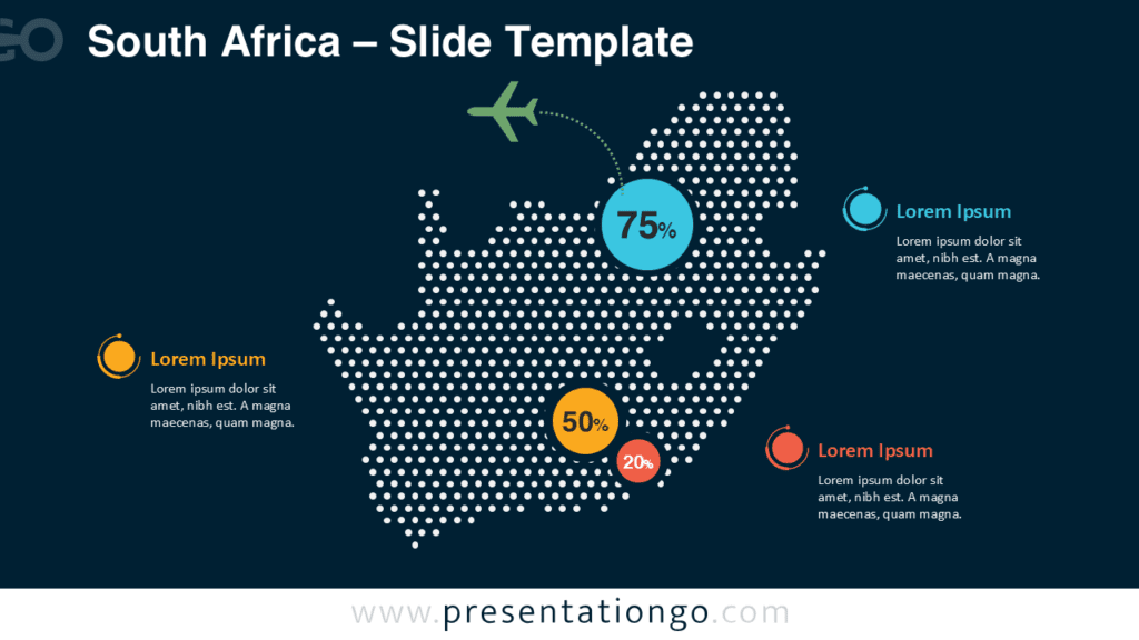 South Africa Dotted Map Infographic for PowerPoint South Africa dotted map infographic for PowerPoint and Google Slides showing callouts, data circles, and editable labels.