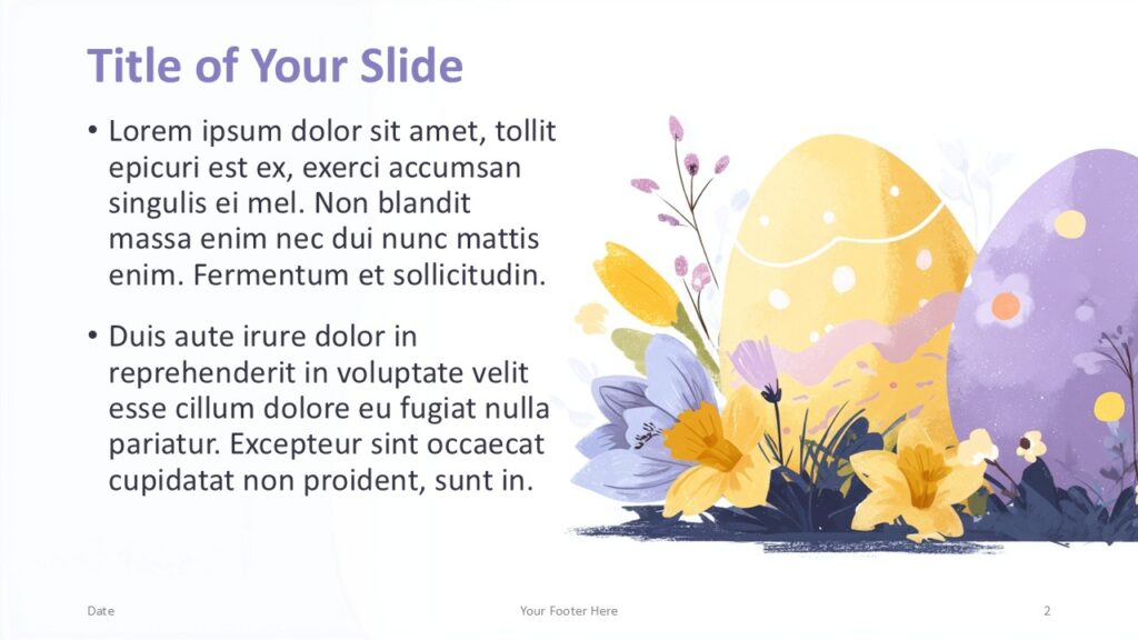 Spring Eggs Content Slide PowerPoint Google Slides Spring Eggs PowerPoint template slide with text on the left and watercolor Easter egg illustration on the right for Google Slides use