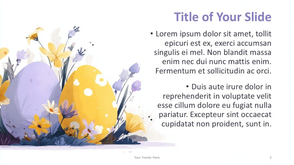Spring Eggs Layout PowerPoint Google Slides Spring Eggs PowerPoint and Google Slides template slide with text on the right and pastel watercolor Easter egg illustration on the left