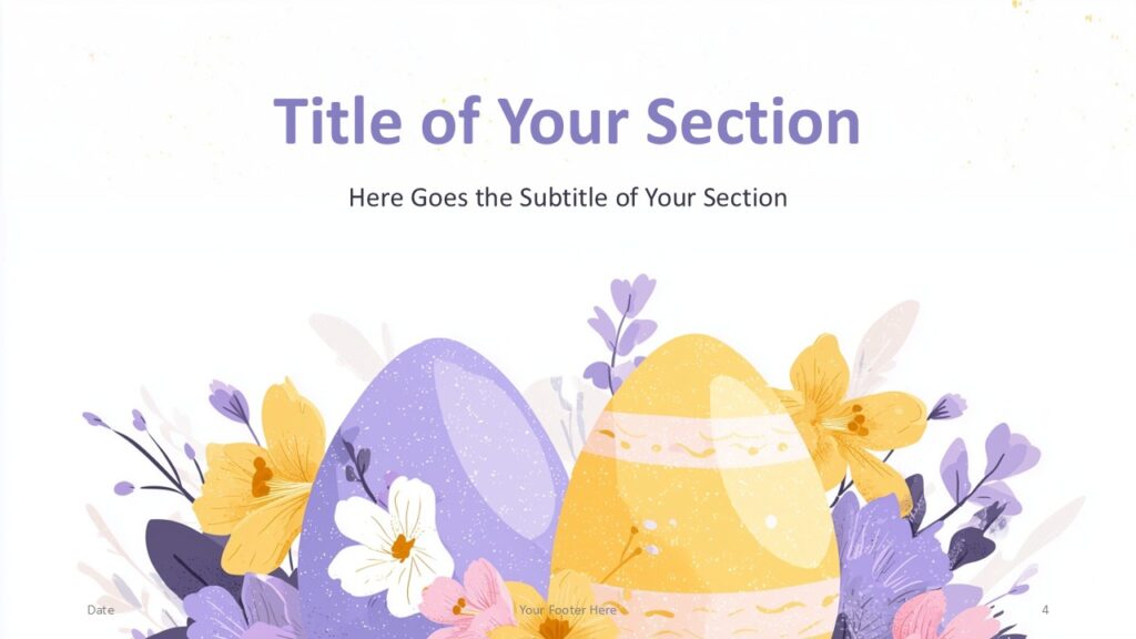 Spring Eggs Section Divider PowerPoint Google Slides Spring Eggs PowerPoint template section divider with centered title and pastel Easter egg floral illustration for Google Slides presentations