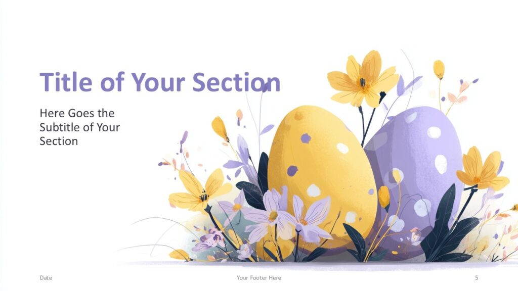 Spring Eggs Section Layout PowerPoint Google Slides Spring Eggs PowerPoint and Google Slides template section slide with text on left and watercolor Easter eggs illustration on right
