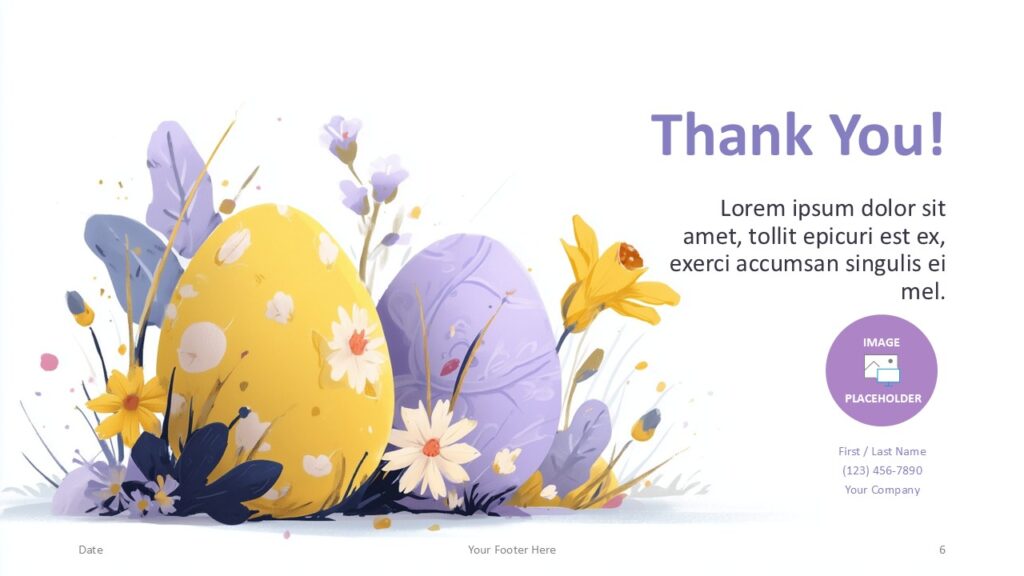 Spring Eggs Thank You PowerPoint Google Slides Spring Eggs PowerPoint template thank you slide with pastel Easter eggs and floral watercolor design suitable for Google Slides presentations