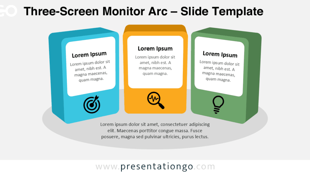 Three-Screen Monitor Arc diagram for PowerPoint and Google Slides with three 3D panels and icons for structured presentations