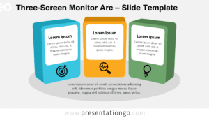 Three-Screen Monitor Arc diagram for PowerPoint and Google Slides with three 3D panels and icons for structured presentations