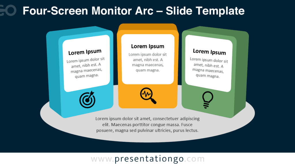 Three-Screen Monitor Arc PowerPoint Template Editable Three-Screen Monitor Arc PowerPoint and Google Slides diagram with three colorful panels and icon placeholders for workflows