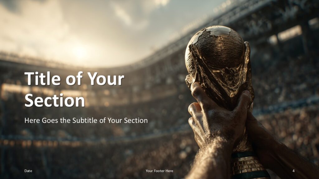 Victory Trophy PowerPoint Google Slides Section Divider Victory Trophy section divider slide for PowerPoint and Google Slides template with bold title placement and cinematic stadium background