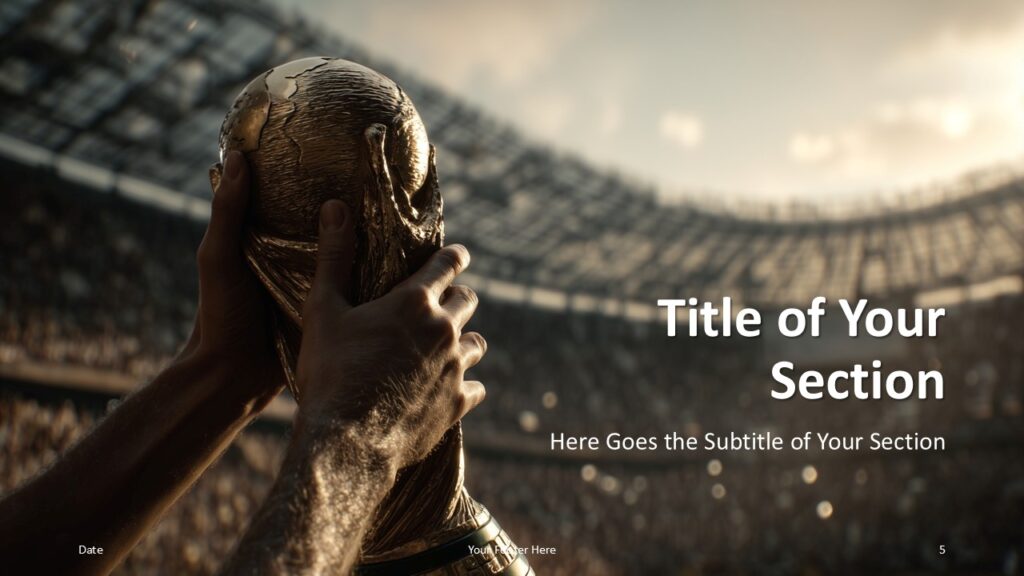 Victory Trophy PowerPoint Google Slides Divider Slide Victory Trophy template section divider for PowerPoint and Google Slides with right-aligned title and strong visual stadium atmosphere