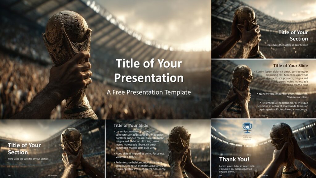 Victory Trophy template for PowerPoint and Google Slides featuring all slides preview with stadium background and achievement-focused layouts