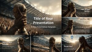 Victory Trophy template for PowerPoint and Google Slides featuring all slides preview with stadium background and achievement-focused layouts