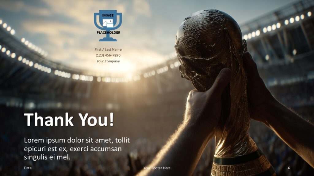 Victory Trophy PowerPoint Google Slides Thank You Slide Victory Trophy thank you slide for PowerPoint and Google Slides template with contact details and strong closing visual of trophy presentation