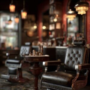 Vintage barbershop interior with a black leather barber chair, warm hanging lights, and rich dark wood décor.