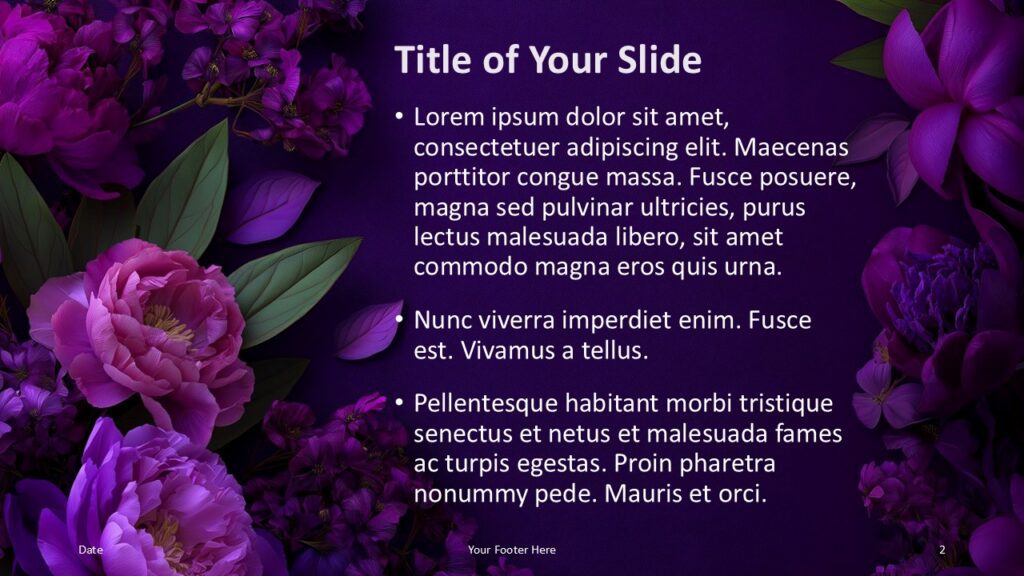 Violet Garden PowerPoint Google Slides Content Slide Violet Garden PowerPoint and Google Slides content slide with floral border, purple background, and bullet list.