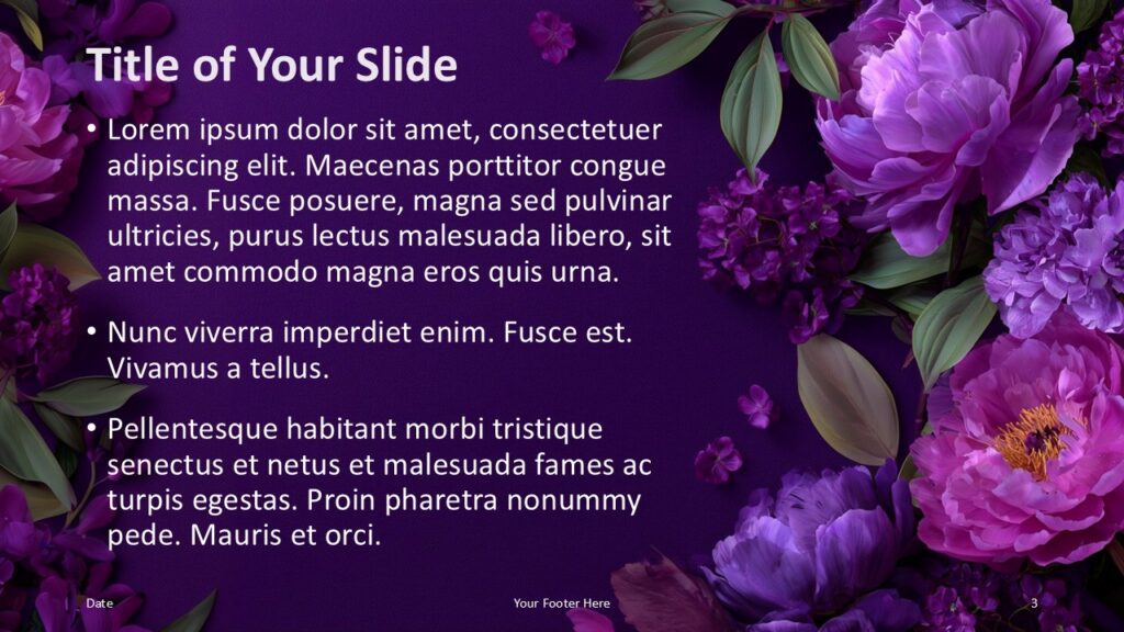 Violet Garden PowerPoint Google Slides Content Layout Violet Garden PowerPoint and Google Slides content layout with elegant flowers, purple background, and text area.