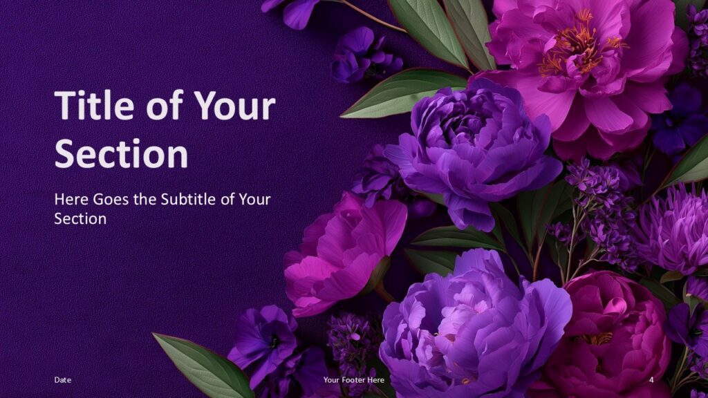 Violet Garden Section Slide for PowerPoint Google Slides Violet Garden PowerPoint and Google Slides section divider with purple floral accents and subtitle placeholder.