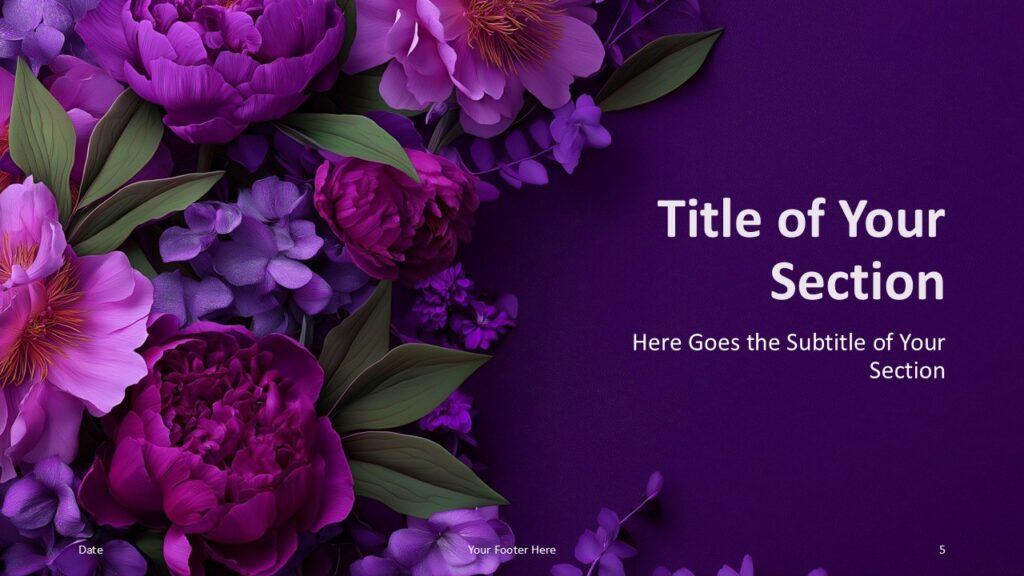 Violet Garden PowerPoint Google Slides Section Divider Violet Garden PowerPoint and Google Slides section divider with floral arrangement and editable subtitle area.