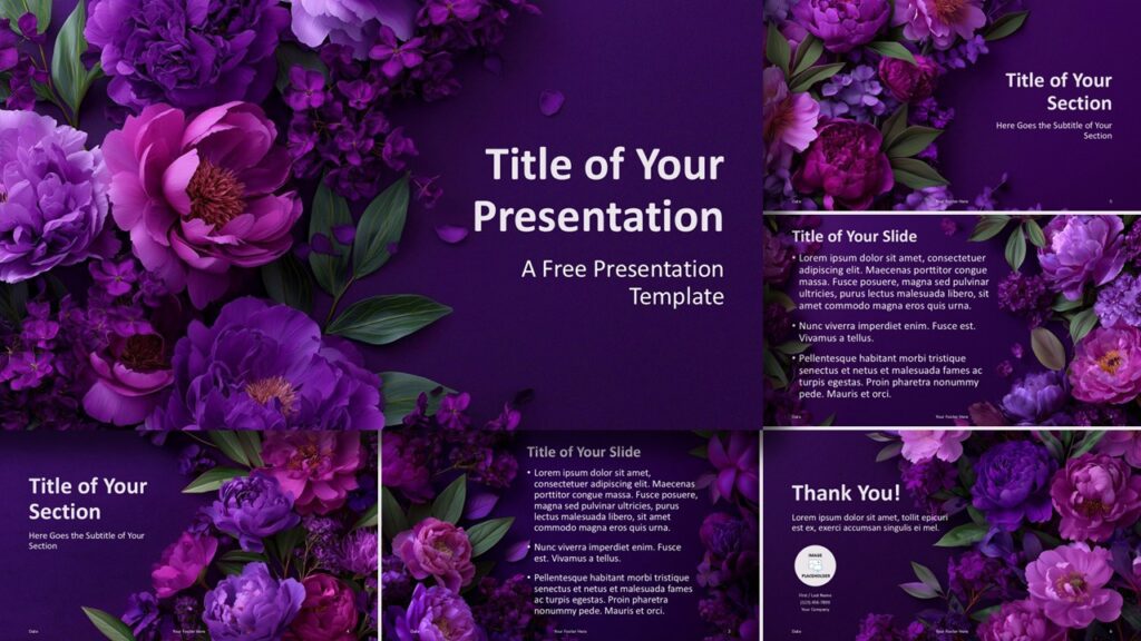 Violet Garden PowerPoint Google Slides Template Violet Garden PowerPoint and Google Slides template with eight floral slides, purple palette, and elegant layouts.