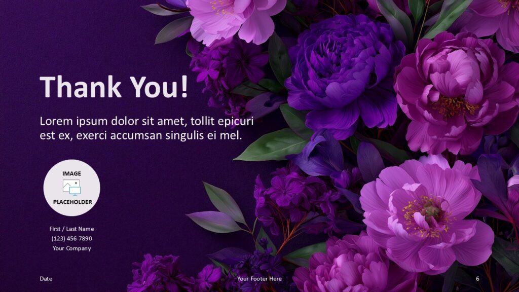 Violet Garden Thank You Slide for PowerPoint Google Slides Violet Garden thank you slide for PowerPoint and Google Slides with contact details, image placeholder, and flowers.