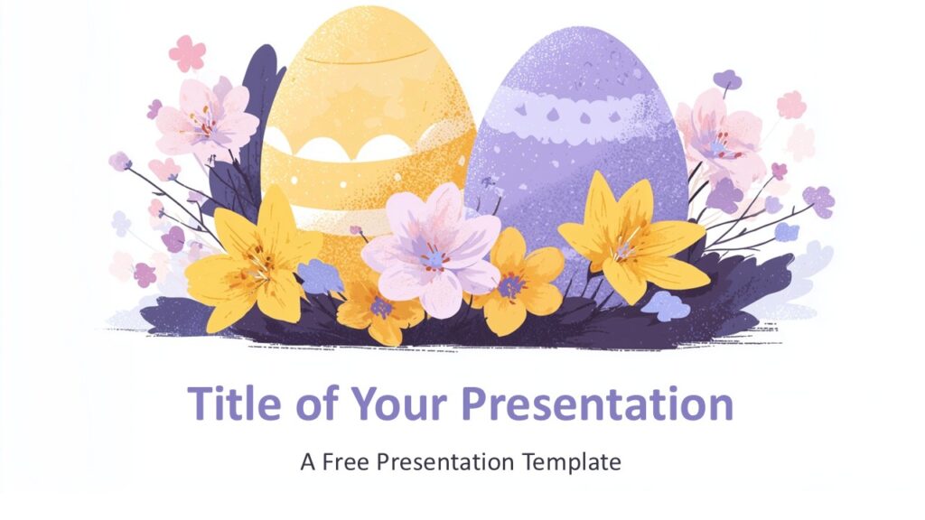 Watercolor Spring Eggs Cover PowerPoint Google Slides Watercolor Spring Eggs cover slide for PowerPoint and Google Slides featuring pastel Easter eggs and floral illustrations in a soft layout