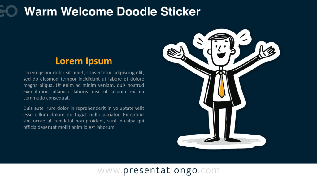 Warm Welcome PowerPoint Google Slides Doodle Sticker Warm Welcome Doodle Sticker for PowerPoint and Google Slides with a smiling presenter welcoming audiences to a deck.
