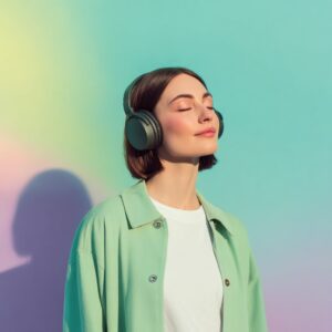 Young woman with closed eyes listening to music on over-ear headphones against a soft pastel background.