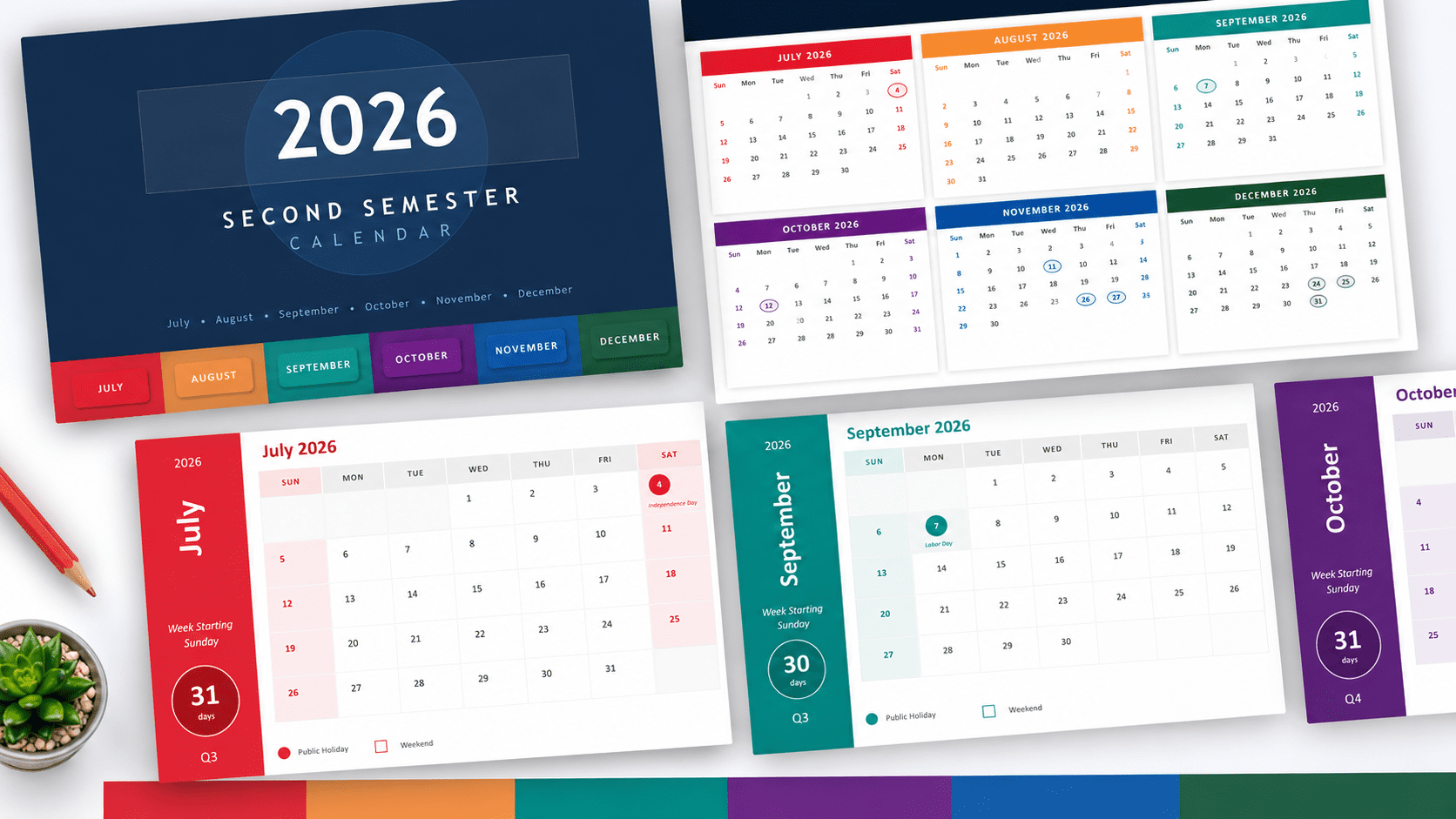 2026 Second Semester Calendar for PowerPoint and Google Slides with 15 editable planning slides.