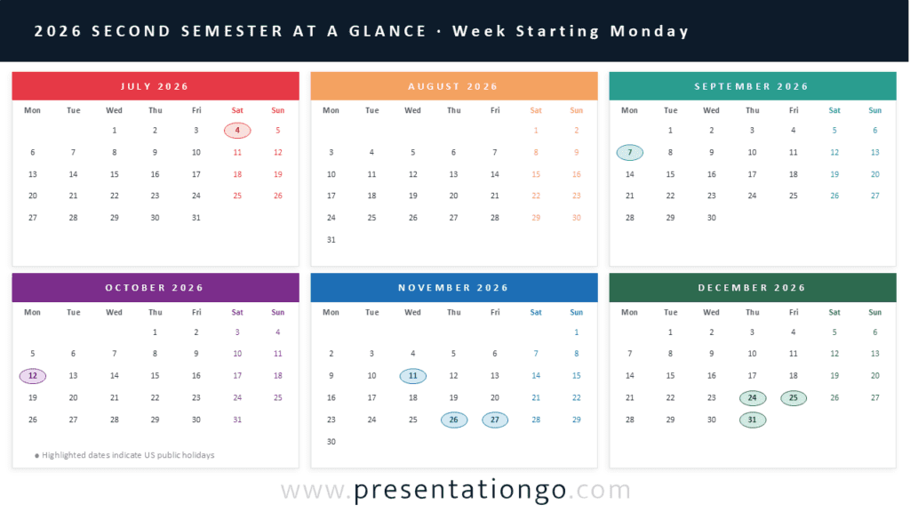 2026 Semester Calendar Monday Start PowerPoint 2026 semester overview calendar for PowerPoint and Google Slides with Monday-start July to December layouts.