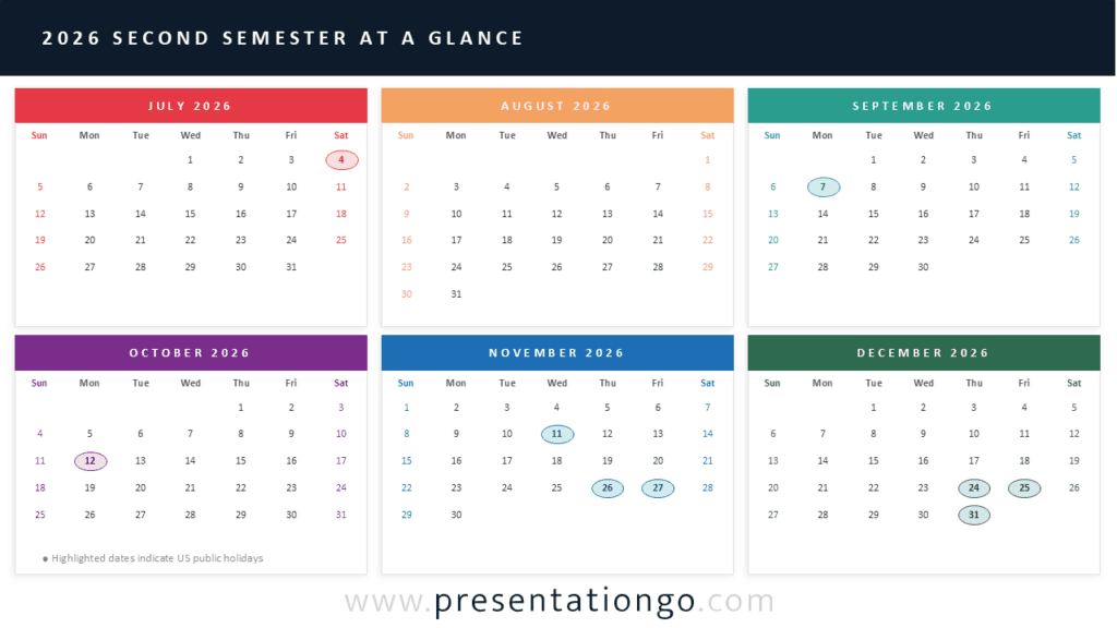 2026 Semester Calendar Sunday Start PowerPoint 2026 semester overview calendar for PowerPoint and Google Slides with Sunday-start July to December layouts.