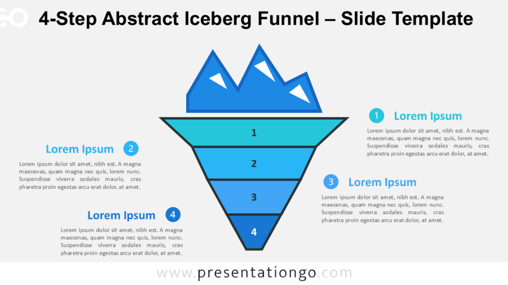 4-Step Abstract Iceberg Funnel for PowerPoint and Google Slides with editable numbered layers and side text areas.