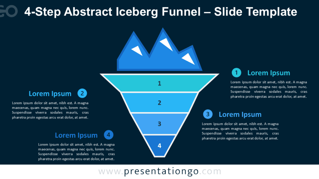 4-Step Abstract Iceberg Funnel Dark PowerPoint Diagram 4-Step Abstract Iceberg Funnel PowerPoint diagram with blue layered iceberg structure and editable number icons.