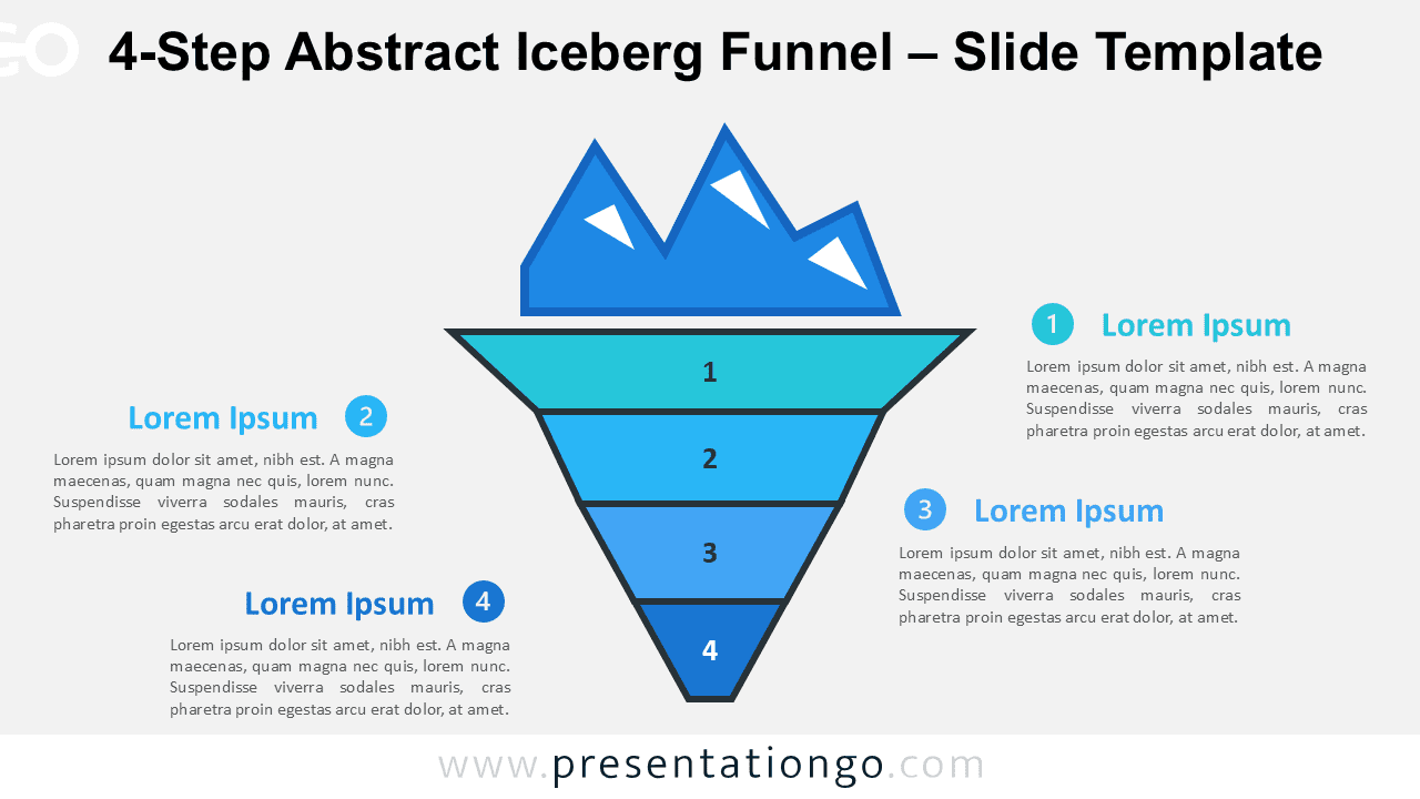 4-Step Abstract Iceberg Funnel for PowerPoint and Google Slides with editable numbered layers and side text areas.