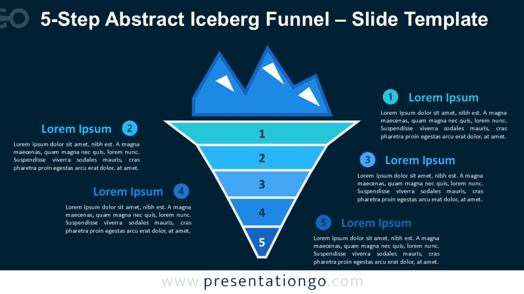 5-Step Abstract Iceberg Funnel Dark PowerPoint Diagram 5-Step Abstract Iceberg Funnel PowerPoint diagram with layered blue funnel, iceberg shape, and editable text areas.