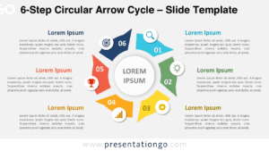 6-Step Circular Arrow Cycle diagram for PowerPoint and Google Slides showing six process stages with icons and text.