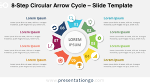8-Step Circular Arrow Cycle diagram for PowerPoint and Google Slides showing eight process stages with icons.