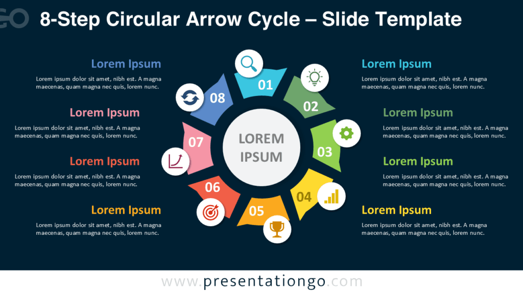 8-Step Circular Arrow Cycle Google Slides Diagram 8-Step Circular Arrow Cycle for PowerPoint and Google Slides with editable arrows, icons, numbers, and text areas.